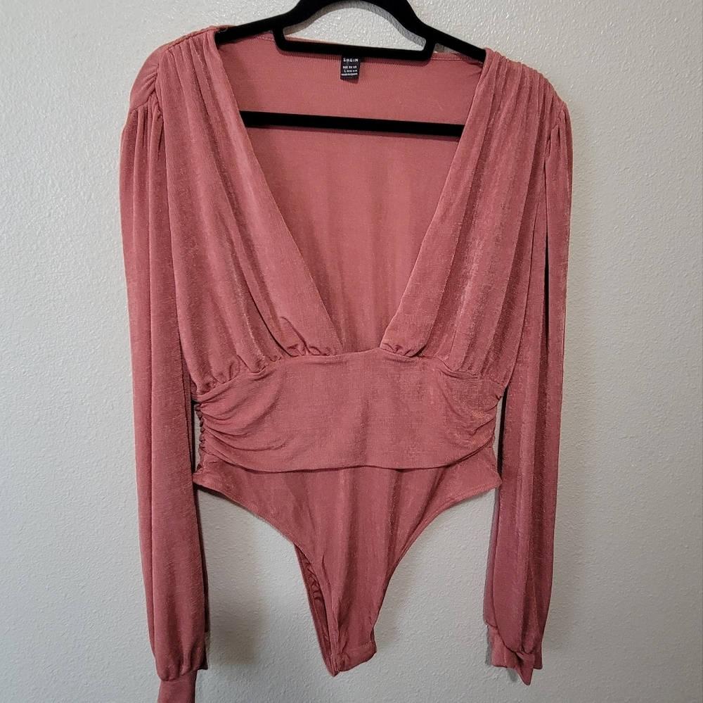 Shein Rose Shimmer One Piece Deep Plunge Body Suit Size Large